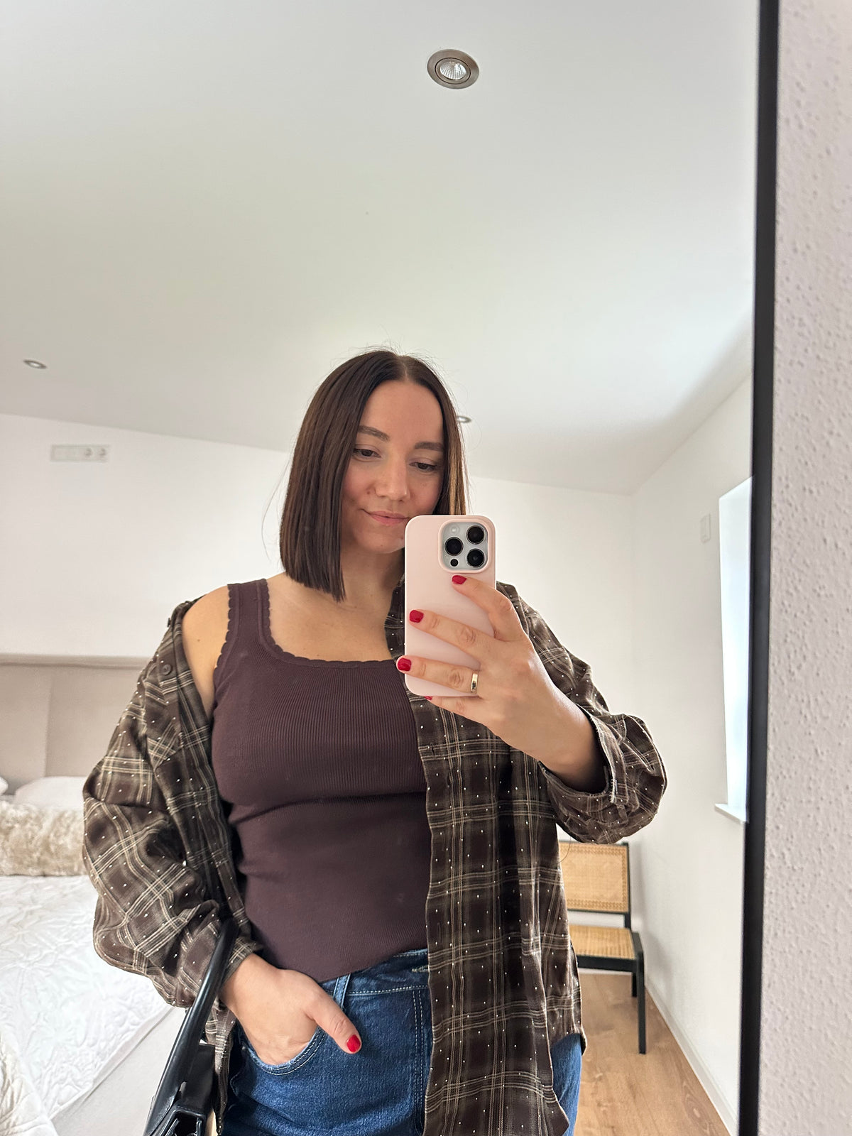 Rosa Fashion Hemd mit Glitzersteinen Braun Karo