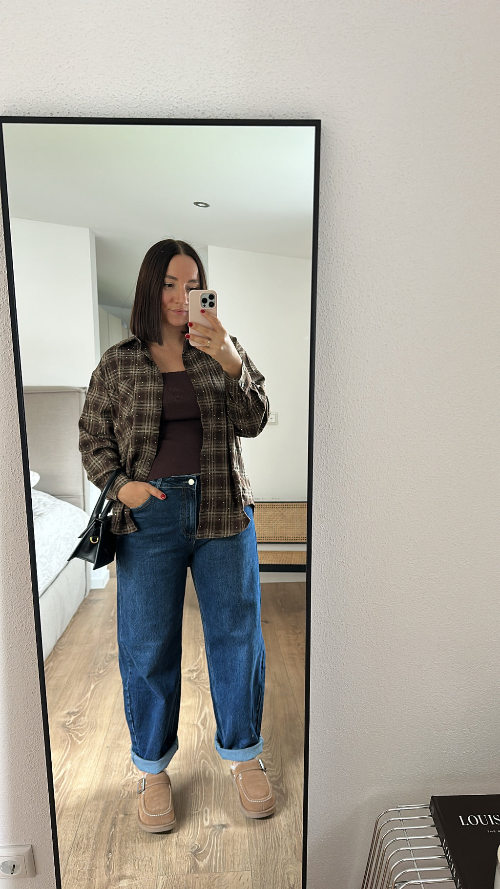 Rosa Fashion Hemd mit Glitzersteinen Braun Karo