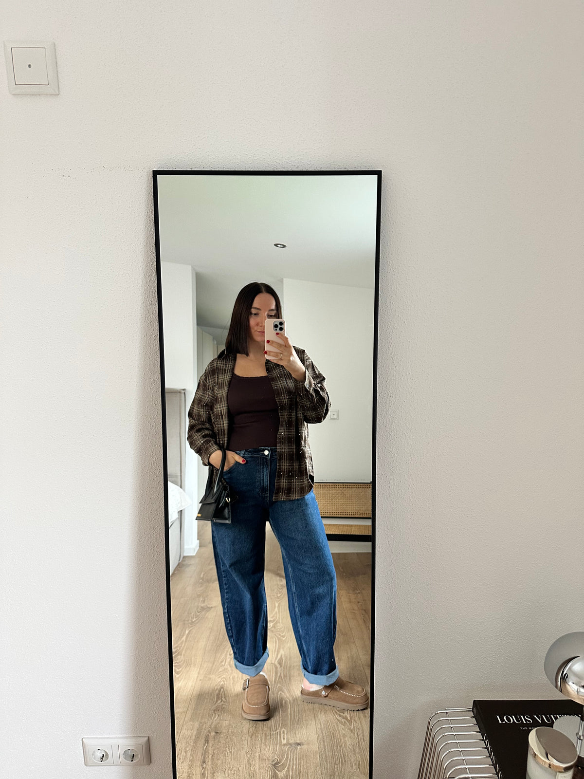 Rosa Fashion Hemd mit Glitzersteinen Braun Karo