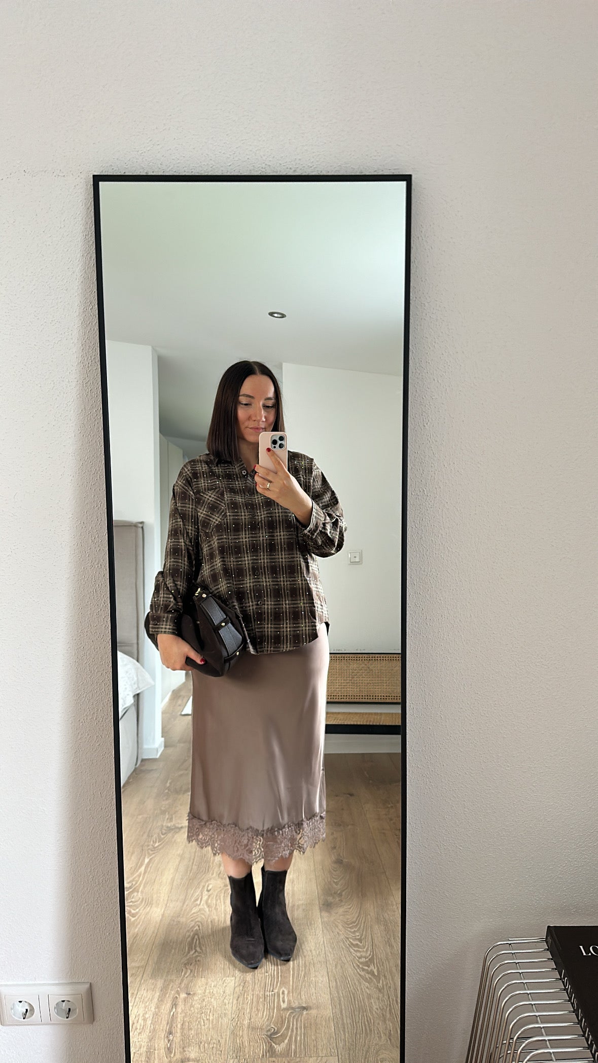 Rosa Fashion Hemd mit Glitzersteinen Braun Karo