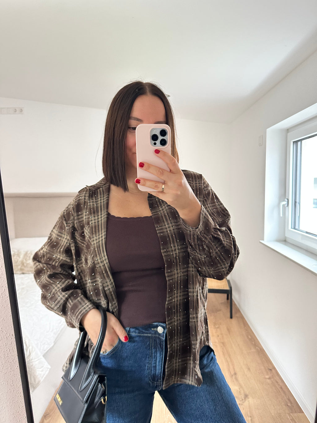 Rosa Fashion Hemd mit Glitzersteinen Braun Karo