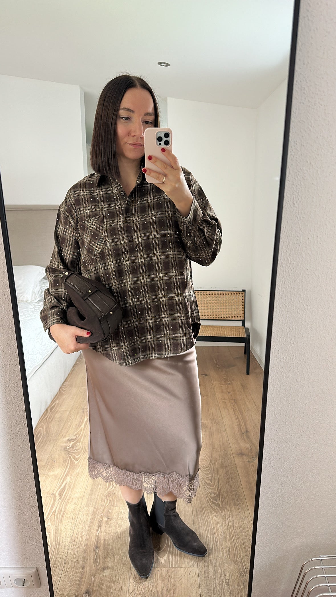 Rosa Fashion Hemd mit Glitzersteinen Braun Karo