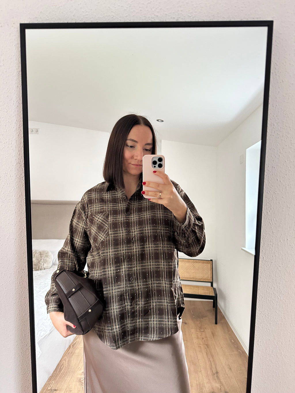Rosa Fashion Hemd mit Glitzersteinen Braun Karo