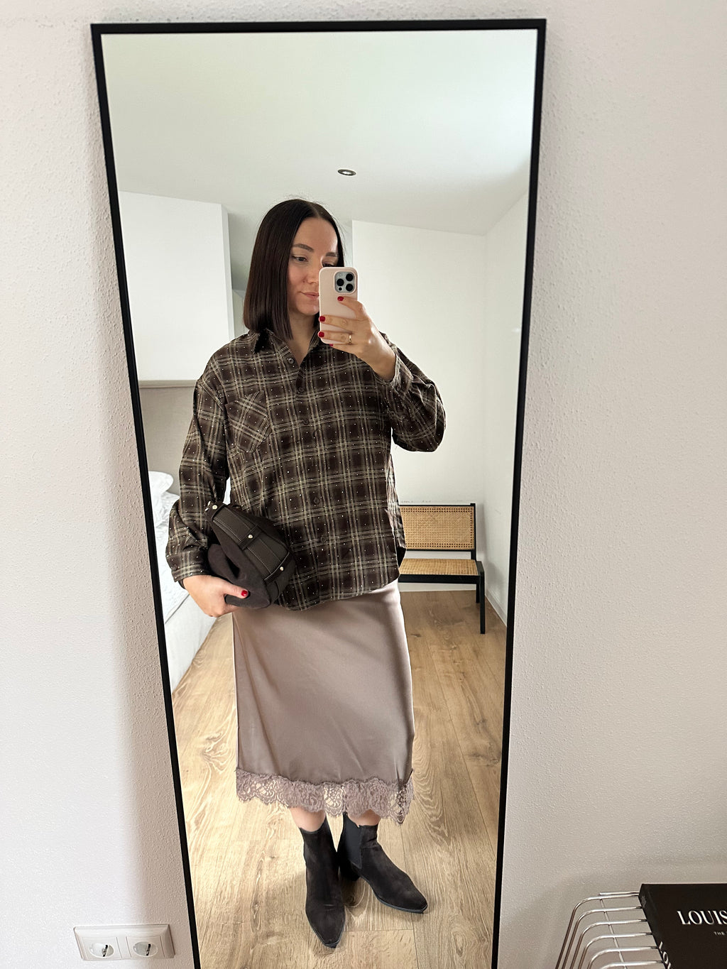 Rosa Fashion Hemd mit Glitzersteinen Braun Karo