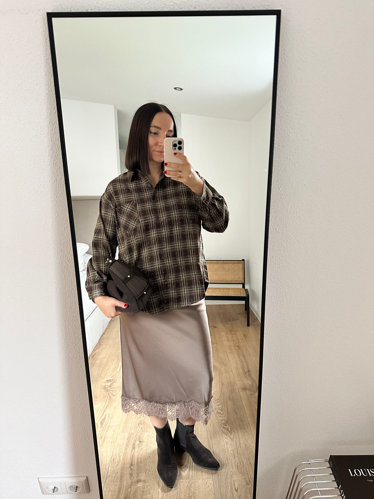 Rosa Fashion Hemd mit Glitzersteinen Braun Karo