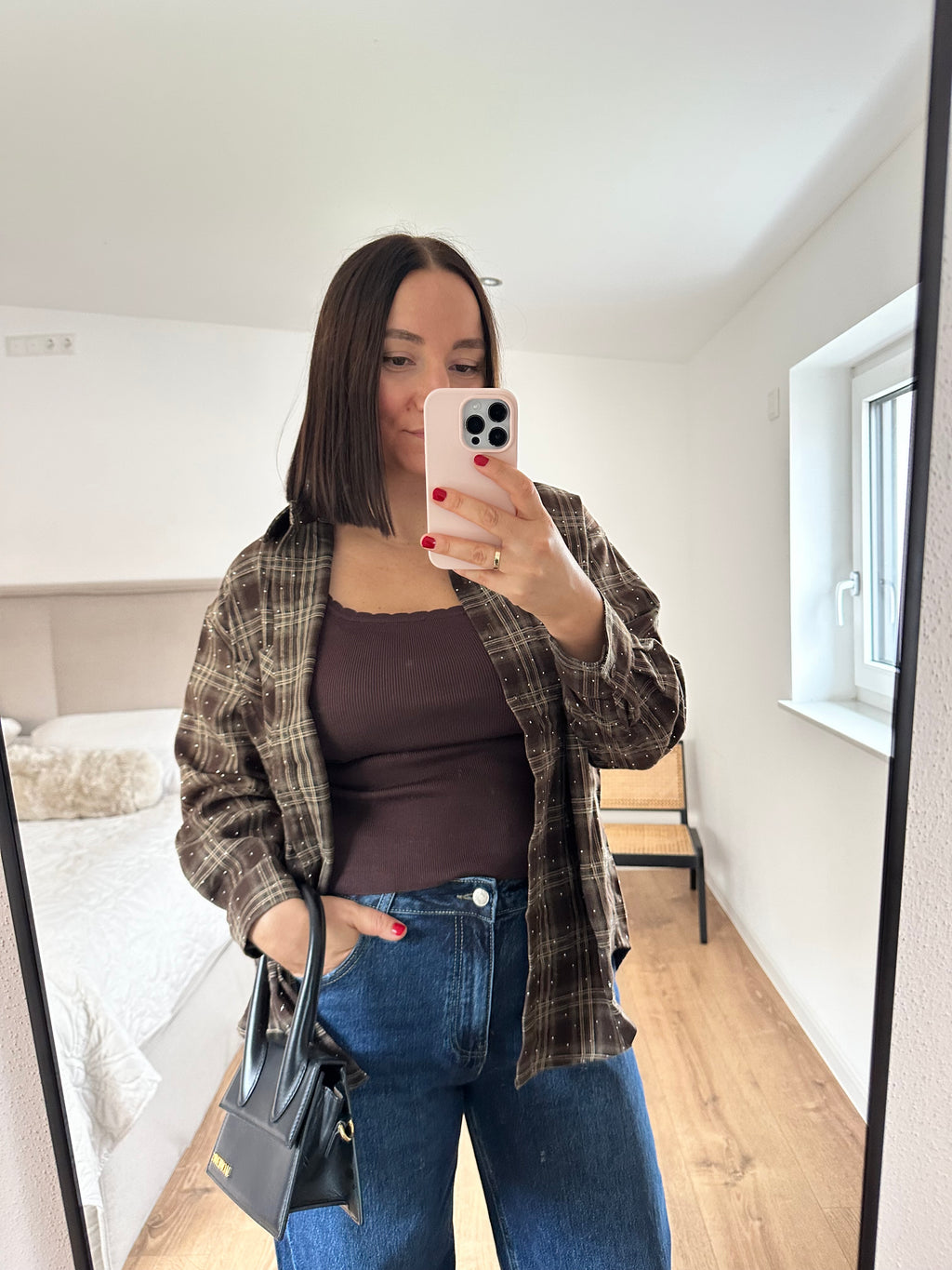 Rosa Fashion Hemd mit Glitzersteinen Braun Karo