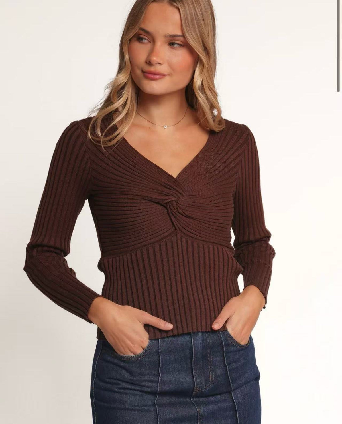 Effeny Langarmshirt gerippt mit Knotendetail