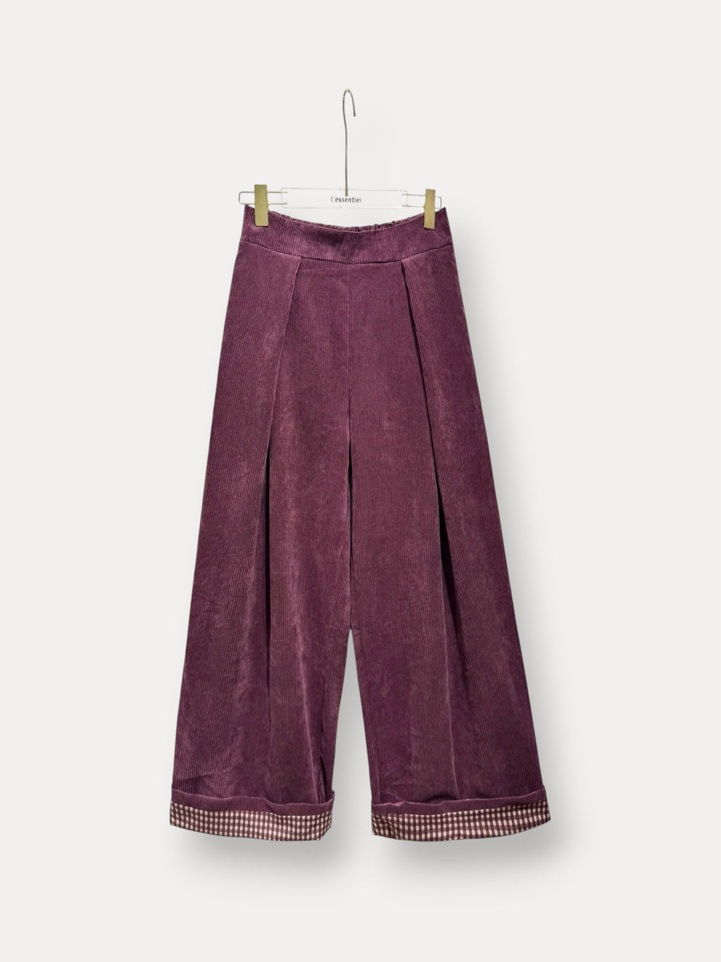 L´esstiel Weite Cordhose mit Bundfalten & Karo-Umschlag